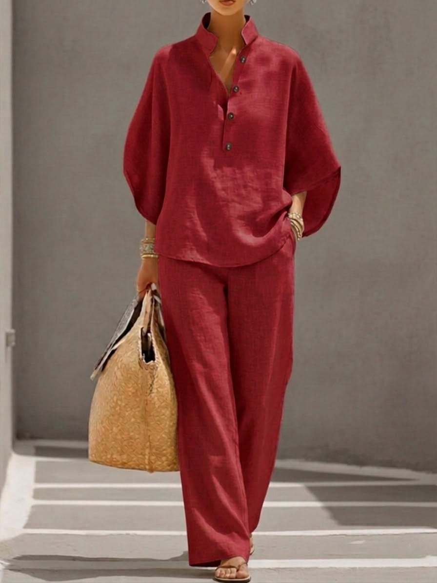 Garazi | Conjunto de lino con mangas murciélago y pantalón ancho