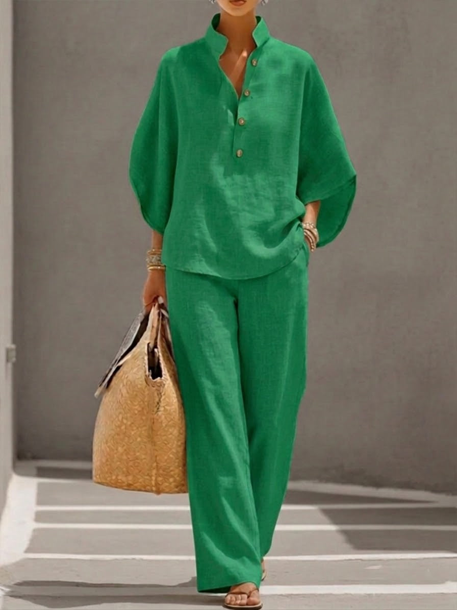 Garazi | Conjunto de lino con mangas murciélago y pantalón ancho